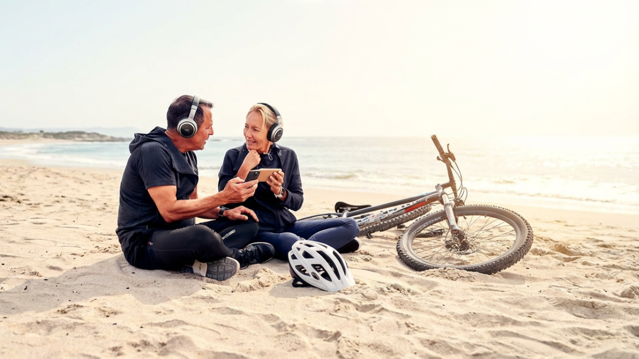 Couple planning retirement together on beach